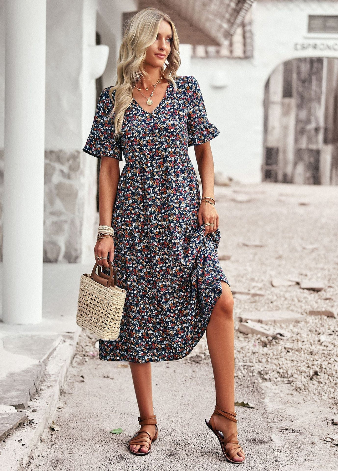 Damen Midi-Kleid mit Floralem Muster und Verspieltem V-Ausschnitt