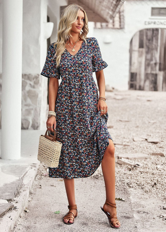 Damen Midi-Kleid mit Floralem Muster und Verspieltem V-Ausschnitt