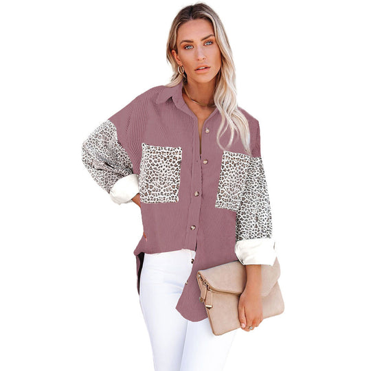 Damen Oversize-Cordhemd mit durchgehender Knopfleiste, Leo-Kontrastärmeln und aufgesetzten Taschen Shop Nory