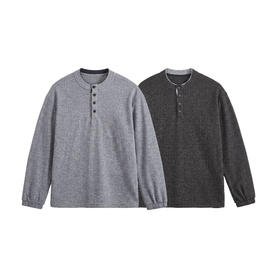 Herren Rippstruktur-Henley-Pullover mit Stehkragen und Knopfleiste Shop Nory