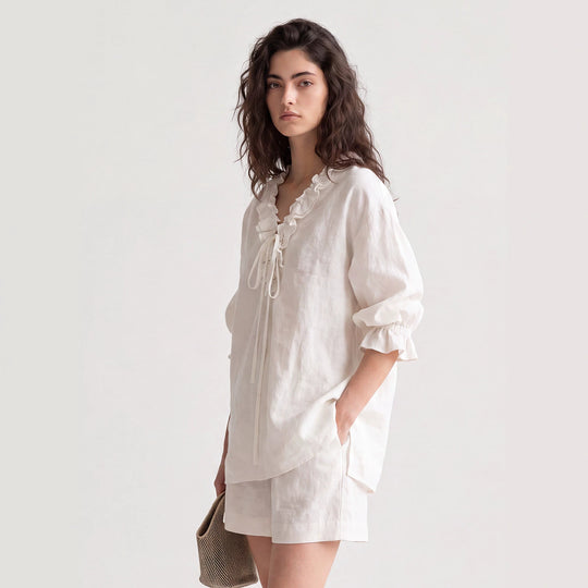 Damen Luftige Leinenbluse mit Rüschen Shop Nory