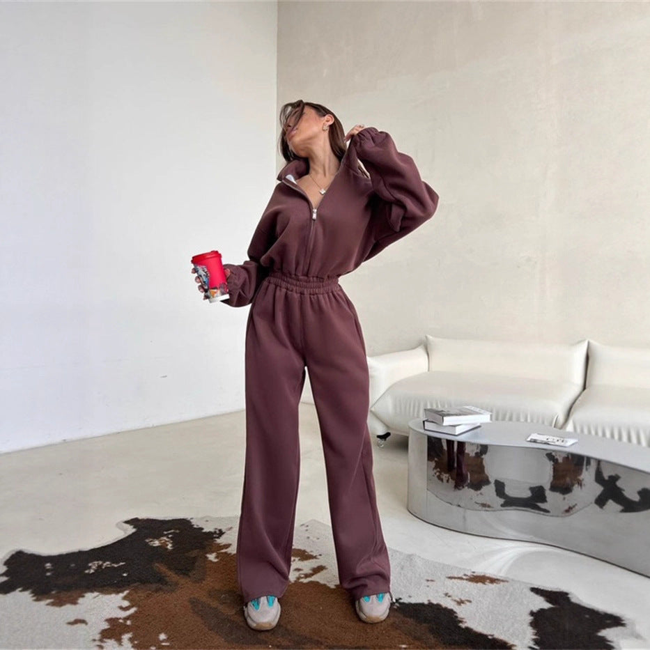 Damen Relaxed-Loungewear-Set mit Halbzip-Stehkragen und hochtaillierter Weitbein-Jogginghose Shop Nory