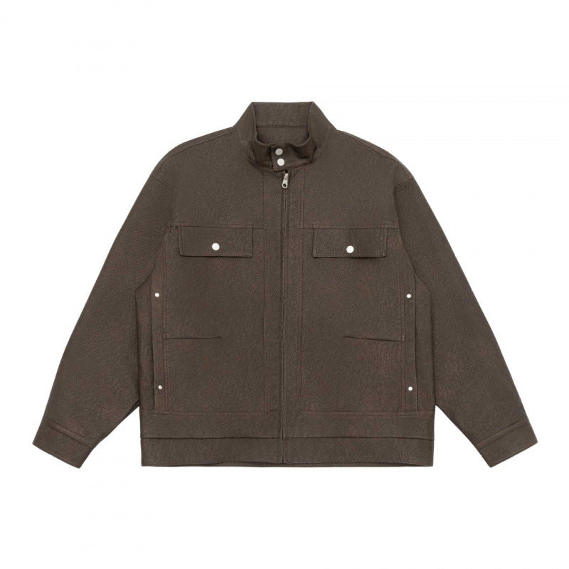 Unisex Boxy-Hemdjacke im Worker‑Stil mit Stehkragen, Frontreißverschluss und Pattentaschen Shop Nory