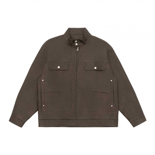 Unisex Boxy-Hemdjacke im Worker‑Stil mit Stehkragen, Frontreißverschluss und Pattentaschen Shop Nory