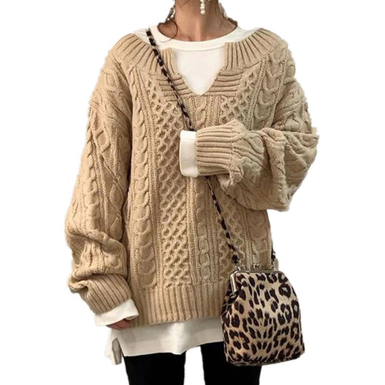 Damen nan weit geschnittener Strickpullover mit Zopfmuster und V-Ausschnitt Shop Nory