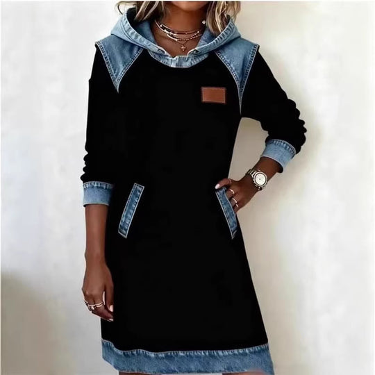 Damen Kapuzen Sweatkleid mit Denim-Besatz, Kängurutaschen und lässiger A-Linien Silhouette Shop Nory