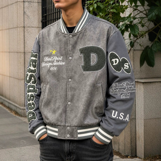 Herren Varsity-Bomberjacke im College-Stil aus Lederimitat mit Applikationen Shop Nory