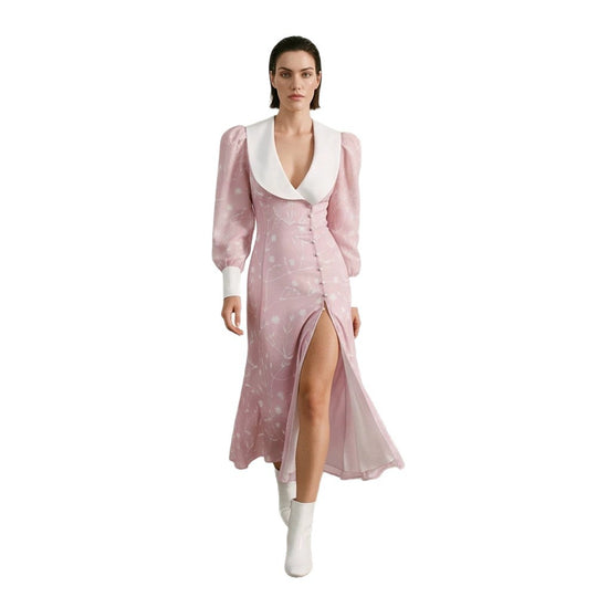 Damen Midikleid mit tiefem Schalkragen, Puffärmeln und seitlichem Schlitz Shop Nory