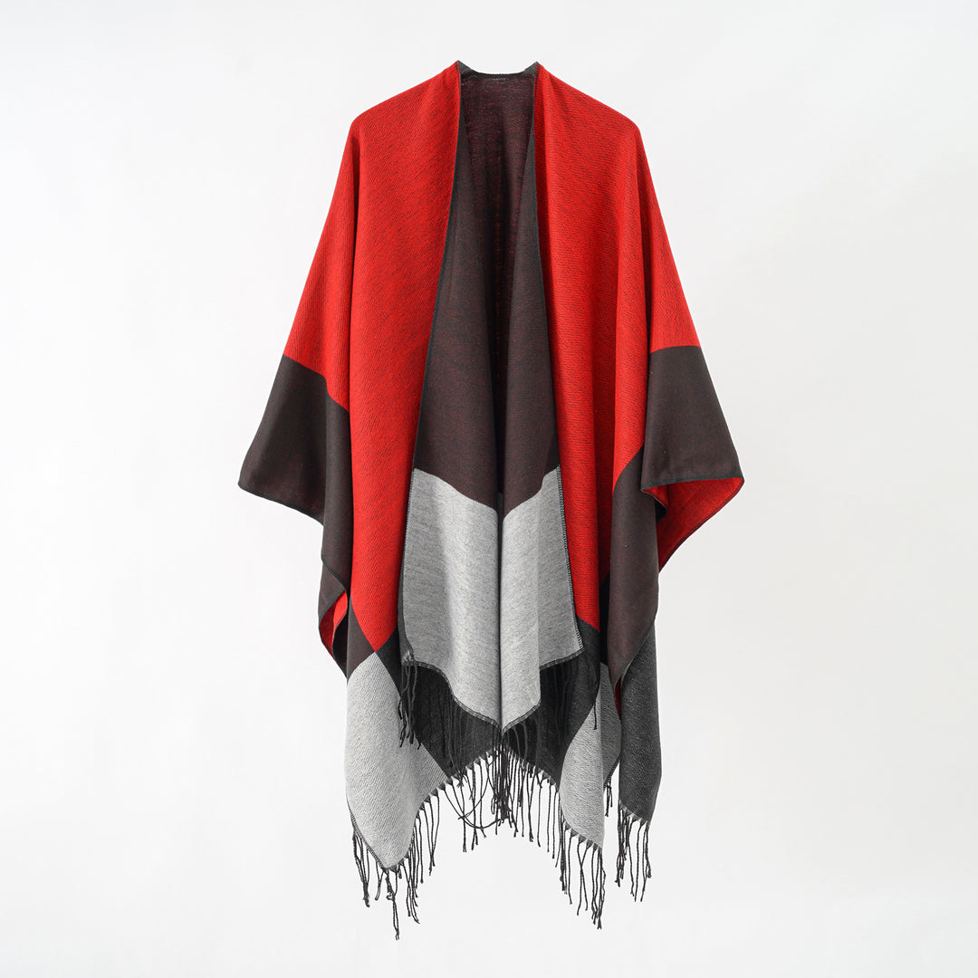 Damen Oversize-Ruana aus Wollmix mit Farbblock‑Design und Fransen Shop Nory
