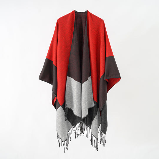 Damen Oversize-Ruana aus Wollmix mit Farbblock‑Design und Fransen Shop Nory