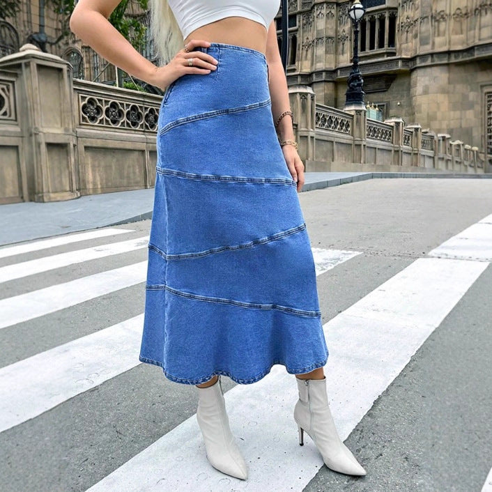 Damen taillenbetonter Denim‑Midirock mit wellenförmigen Ziernähten und ausgestelltem Saum Shop Nory