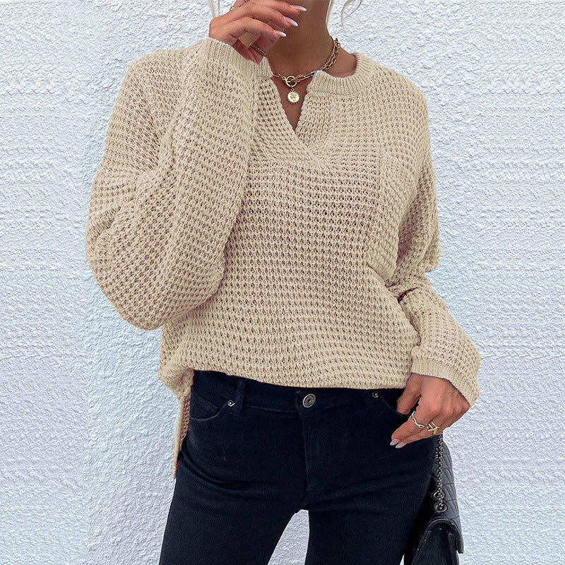 Damen Waffelstrick-Pullover mit V-Schlitz, oversized Schnitt und Ballonärmeln Shop Nory