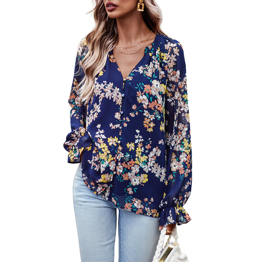 Damen nan Chiffon-Bluse mit floralem Alloverprint, V-Ausschnitt, Knopfleiste und gebundenen Manschetten Shop Nory