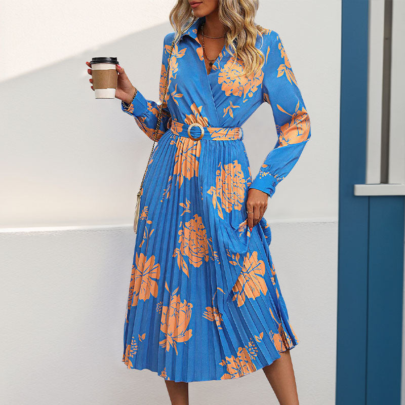 Damen Plissiertes Hemdblusenkleid mit Wickel‑V‑Ausschnitt, Taillengürtel und floralem Print Shop Nory