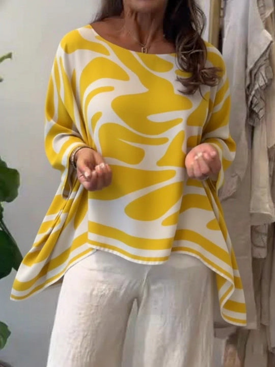 Damen Oversize Sommerbluse mit abstraktem Print, Fledermausärmeln und asymmetrischem Saum Shop Nory