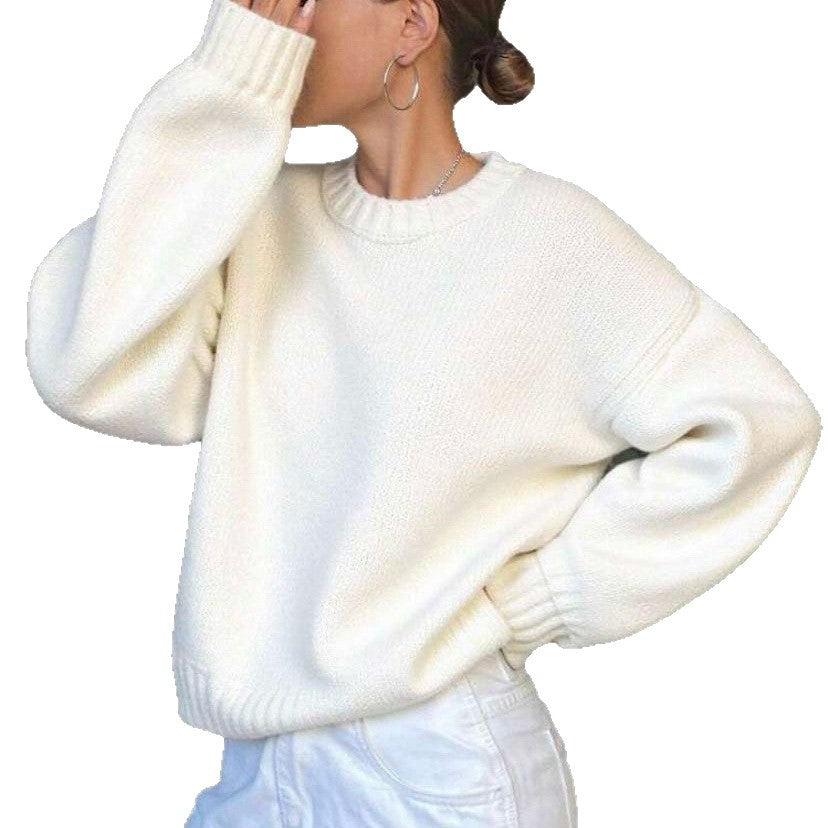 Damen Weit geschnittener Feinstrickpullover mit Rundhalsausschnitt und gerippten Bündchen Shop Nory