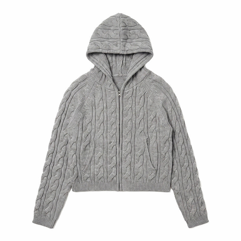 Damen Kapuzen-Zopfstrick-Cardigan mit Reißverschluss und Raglanärmeln Shop Nory