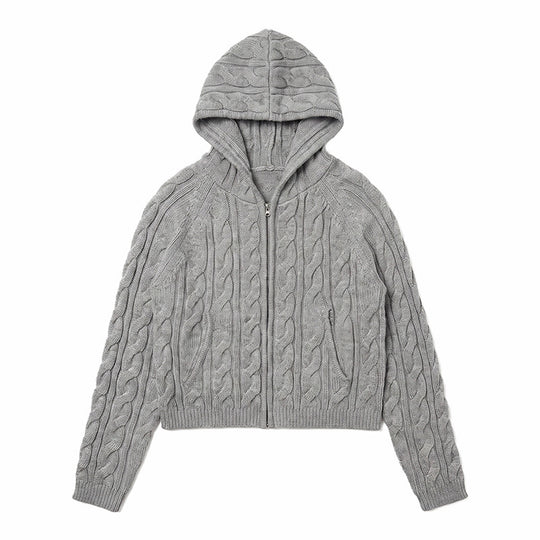 Damen Kapuzen-Zopfstrick-Cardigan mit Reißverschluss und Raglanärmeln Shop Nory