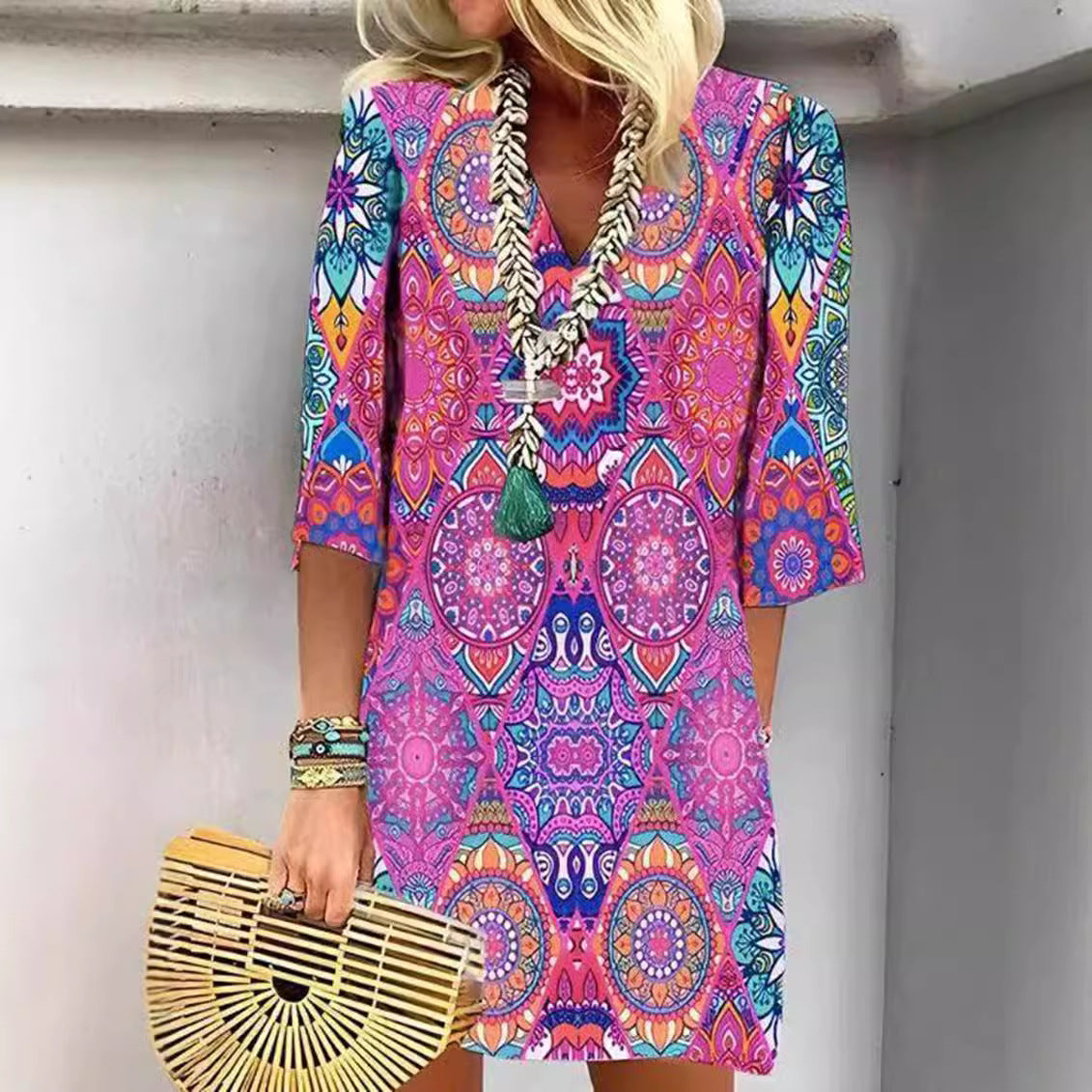 Damen nan kurzes Boho Strandkleid im Mandala-Print mit V-Ausschnitt, dreiviertel-Ärmeln und legerer A-Linie