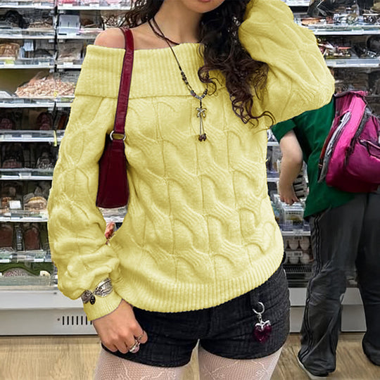 Damen nan schulterfreier Grobstrickpullover mit Zopfmuster, weitem Armaufschlag und elastischem Rippenbund Shop Nory