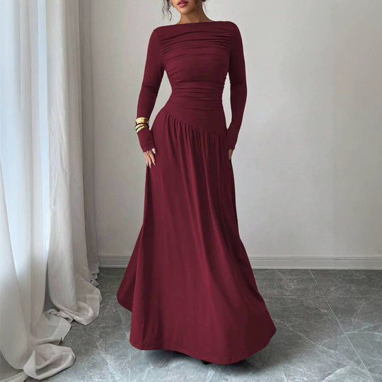 Damen Maxikleid mit gerafftem Oberteil, tailliertem Bund und Langarm Shop Nory