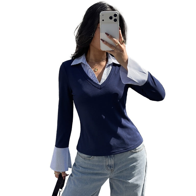 Damen Elegantes Longsleeve-Oberteil mit Hemdkragen Shop Nory