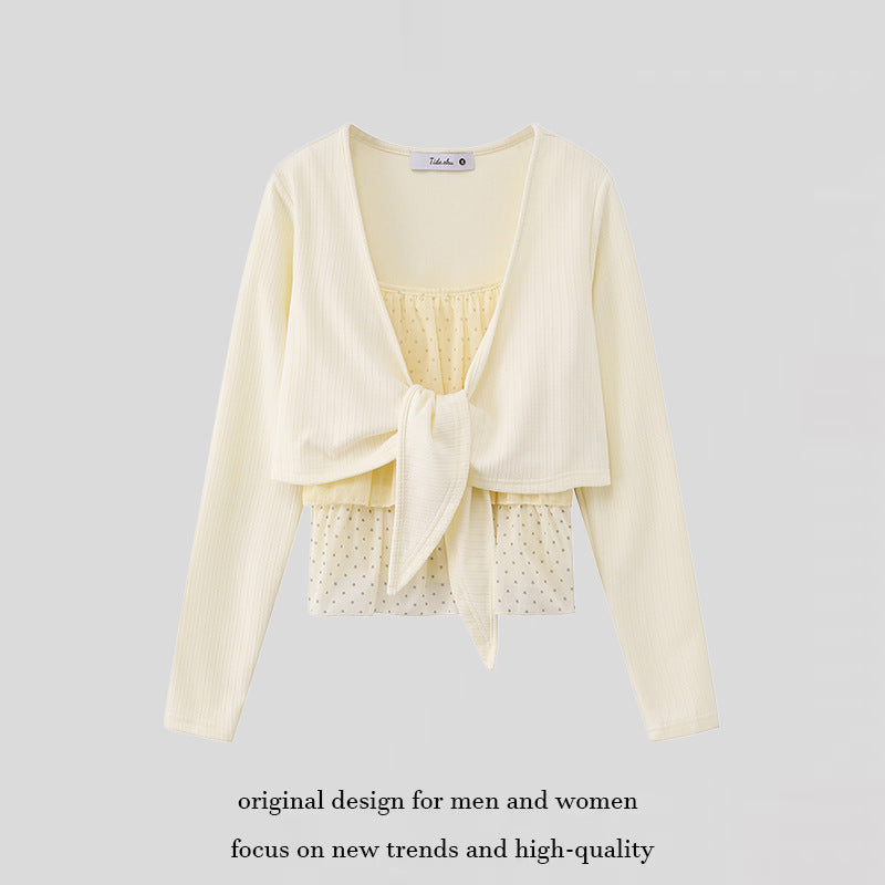 Damen Zweiteiliges Langarm-Top mit Knotenvorderseite und zartem Chiffon-Untertop Shop Nory