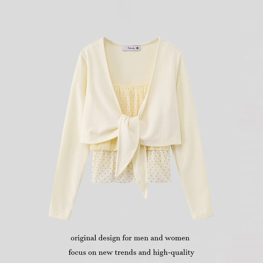 Damen Zweiteiliges Langarm-Top mit Knotenvorderseite und zartem Chiffon-Untertop Shop Nory