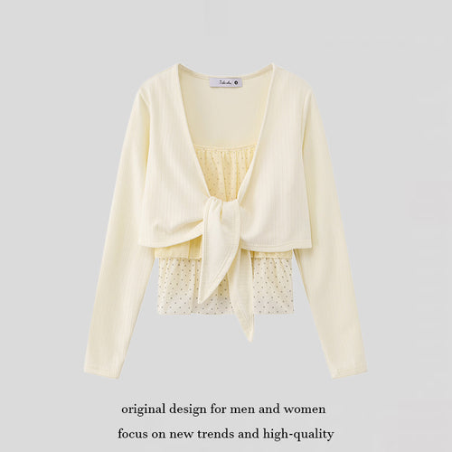 Damen Zweiteiliges Langarm-Top mit Knotenvorderseite und zartem Chiffon-Untertop Shop Nory
