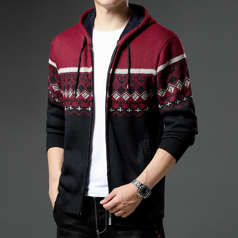 Herren Strick-Zip-Hoodie mit Norwegermuster, Kapuze und Eingrifftaschen Shop Nory