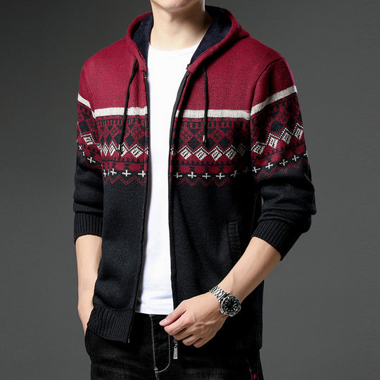 Herren Strick-Zip-Hoodie mit Norwegermuster, Kapuze und Eingrifftaschen Shop Nory