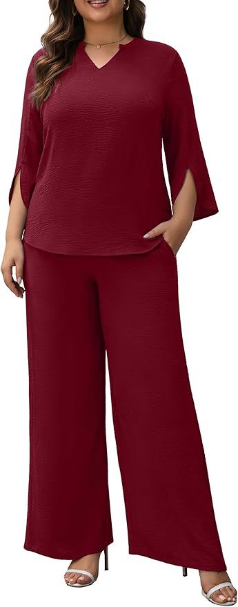 Damen Elegantes Zweiteiliges Palazzo-Set mit V‑Ausschnitt und geschlitzten 3/4‑Ärmeln Shop Nory