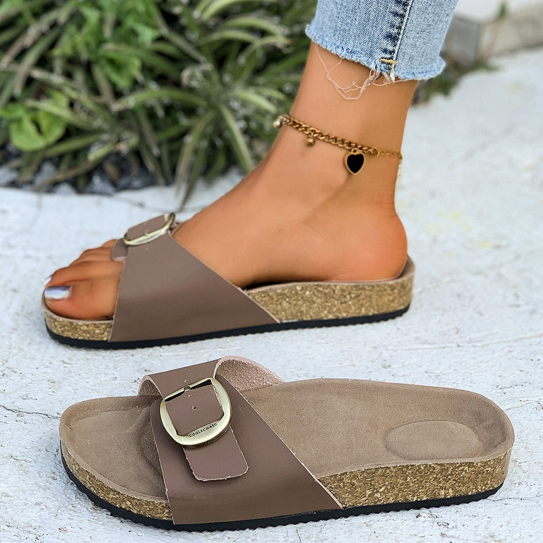 Damen Komfortable Fußbett-Sandalen mit breitem Riemen und glänzender Schnalle
