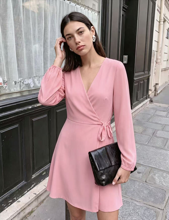 Damen Elegantes Wickel-Minikleid mit tiefem V-Ausschnitt und langen Ärmeln Shop Nory