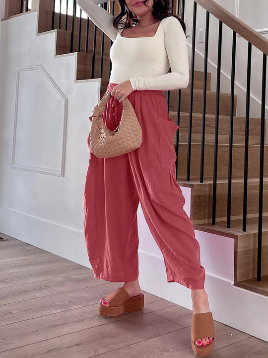 Damen Hochbundweite Weitbein Leinenmix Cargo Cropped Hose Shop Nory