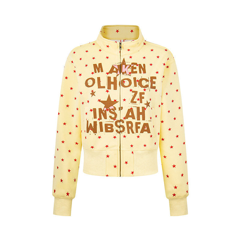 Damen Kurze Reißverschluss-Sweatjacke mit Stehkragen, Allover-Sternprint und Statement-Frontprint Shop Nory