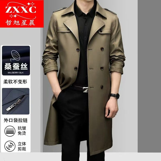 Herren Doppelreihiger taillierter Trenchcoat mit Schulterklappen Shop Nory