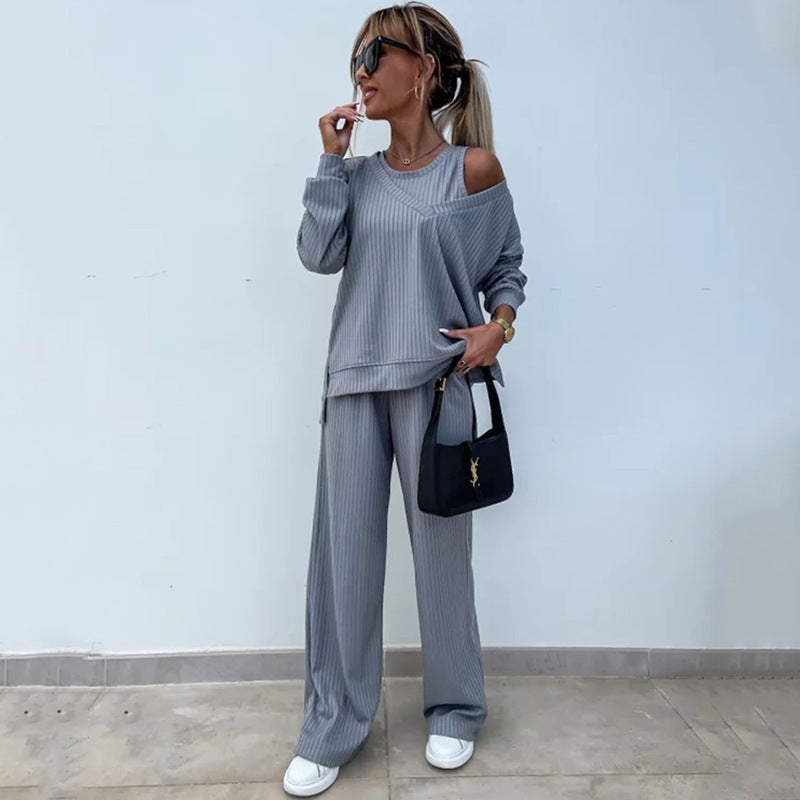 Damen lässiges Rippsweat-Lounge-Set mit Off-Shoulder-Sweatshirt und weit geschnittener High-Waist-Hose Shop Nory