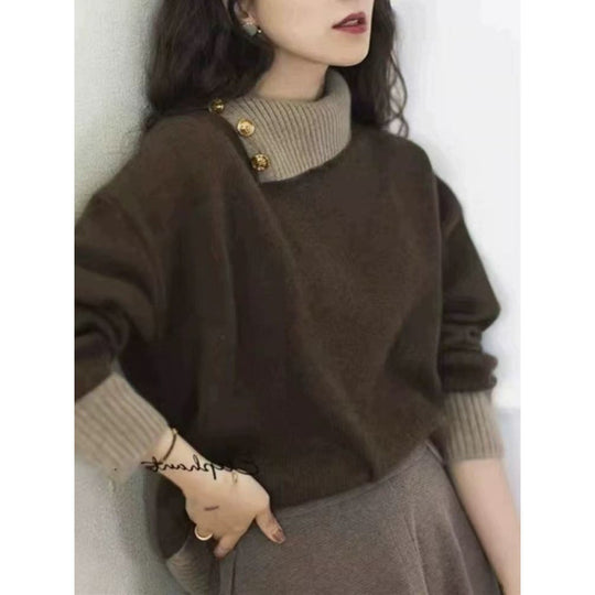 Damen Kurzgeschnitteter Pullover mit asymmetrischem Knopf‑Mockneck und Ballonärmeln Shop Nory