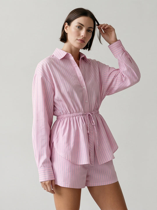 Damen Gestreiftes Loungewear-Set aus Leichtbaumwolle mit Kordel-Taille & Shorts Shop Nory
