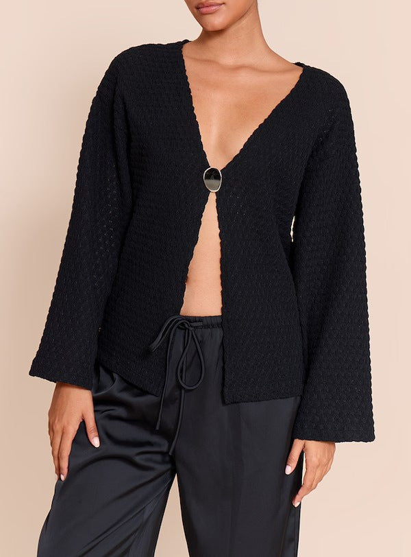Damen Strukturierter Waffelstrick-Cardigan mit tiefem V‑Ausschnitt, Ein-Knopf-Verschluss und lässigen Oversize-Ärmeln Shop Nory