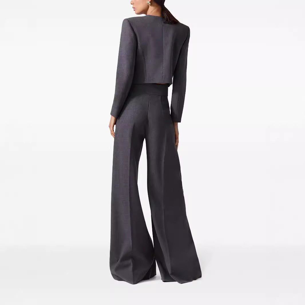 Damen Zweiteiliger Tailoring-Anzug Kurzblazer mit markanter Schulter und hochtaillierter Palazzohose Shop Nory