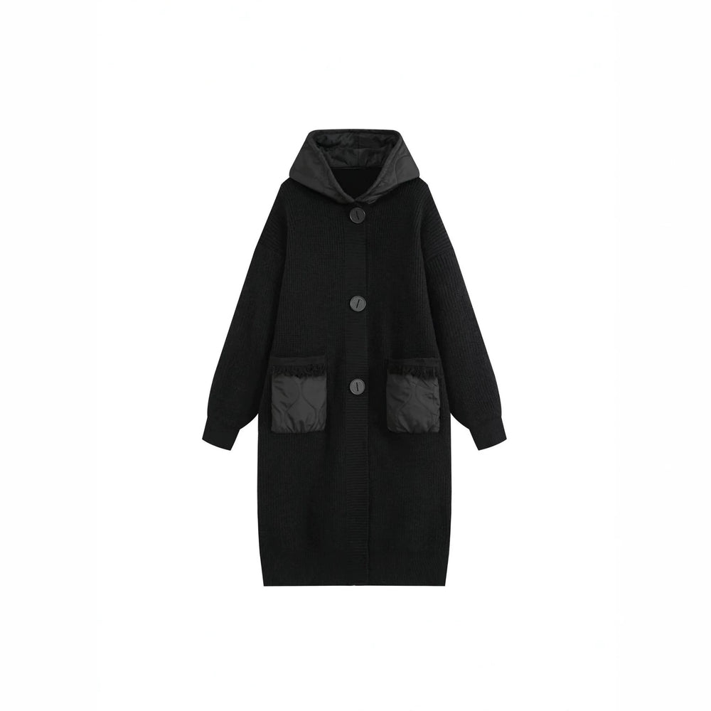 Damen Langer Oversize-Strickmantel mit gesteppter Kapuze und aufgesetzten Stepp-Taschen Shop Nory