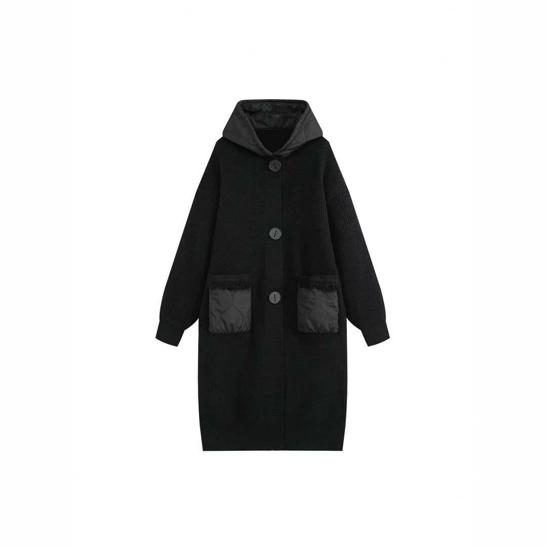 Damen Langer Oversize-Strickmantel mit gesteppter Kapuze und aufgesetzten Stepp-Taschen Shop Nory