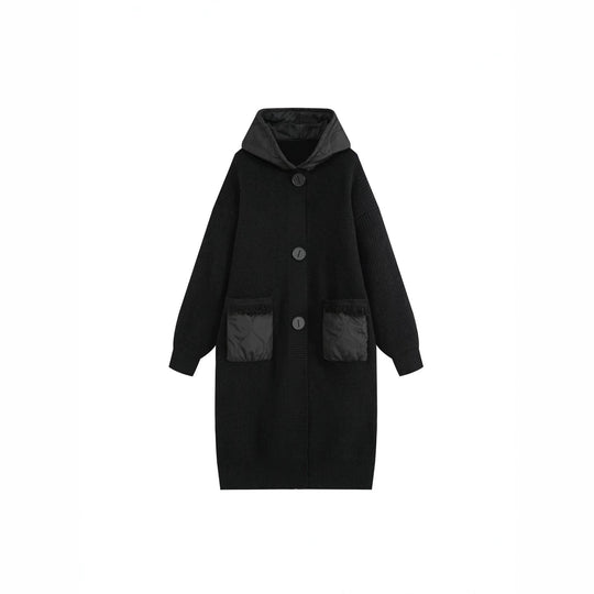 Damen Langer Oversize-Strickmantel mit gesteppter Kapuze und aufgesetzten Stepp-Taschen Shop Nory
