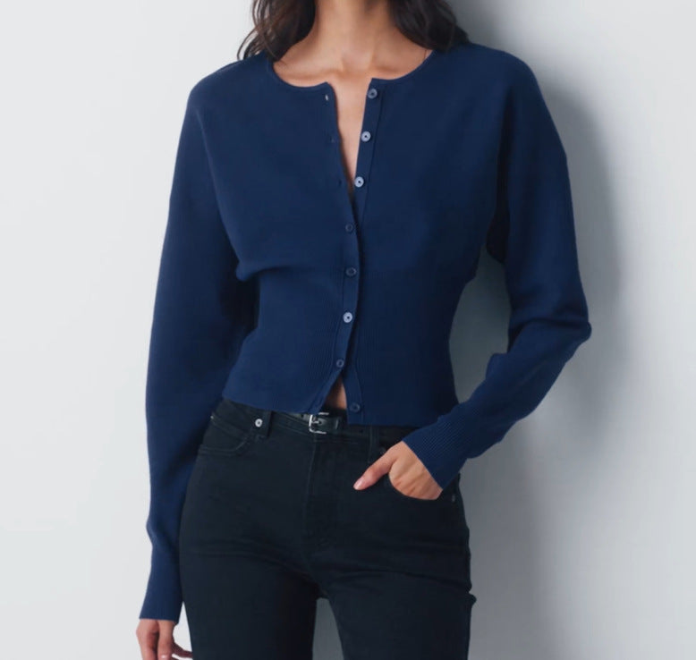 Damen Cropped Strickjacke mit Knopfleiste und Rippstrick