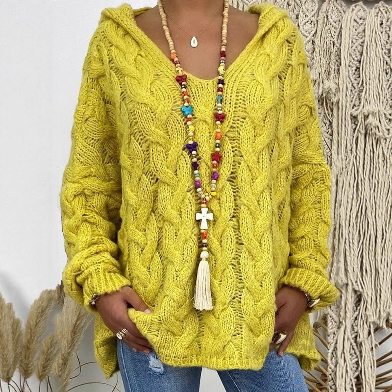 Damen Oversized Zopfmuster-Strickpullover mit Kapuze und lässigem V‑Ausschnitt Shop Nory
