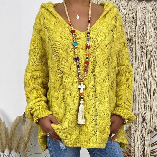 Damen Oversized Zopfmuster-Strickpullover mit Kapuze und lässigem V‑Ausschnitt Shop Nory