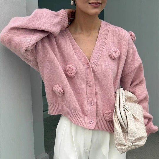 Damen Oversize-Strickcardigan mit dreidimensionalen Rosenapplikationen und V-Ausschnitt Shop Nory