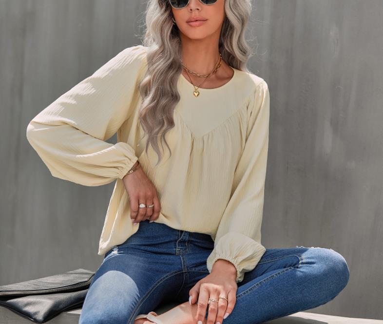 Damen Lässiges Viskose-Blusenshirt mit Rundhals und Ballonärmeln Shop Nory